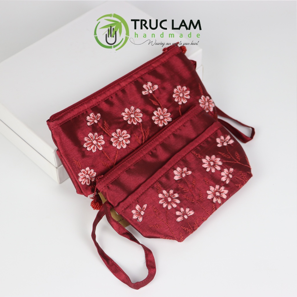 Ví Cầm Tay Nữ Vải Tafta Họa Tiết Hoa Cỏ Kim Tuyến Thêu Tay Set 2 Chiếc Thêu 2 Mặt - Trúc Lâm Handmade