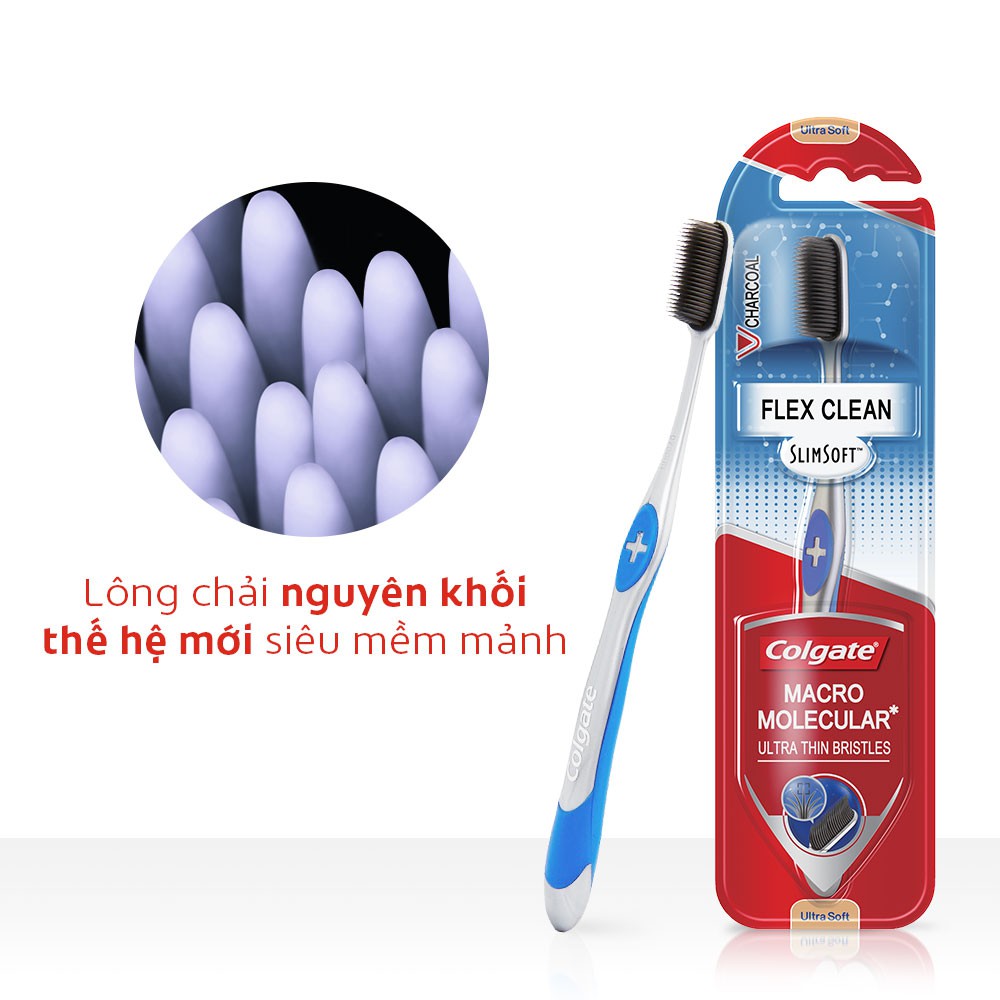 Bộ 4 Bàn chải đánh răng Colgate than hoạt tính kháng khuẩn SlimSoft Flex Clean Charcoal mềm mảnh nguyên khối