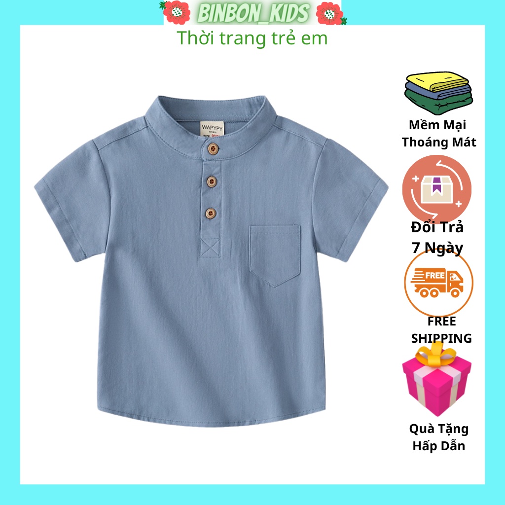 Áo sơ mi bé trai BINBON KIDS, Áo cộc tay bé trai chất đũi xước cao cấp cổ trụ 1 túi cực mát cho bé từ 8-28kg ASM45