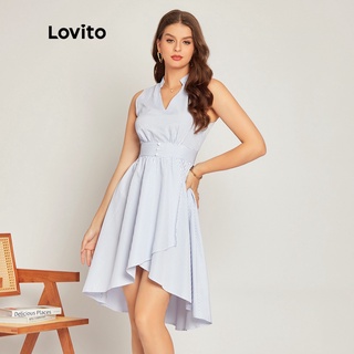 Boho sọc V cổ không tay Hem không đối xứng Váy Lovito phụ nữ L33LD069 (Xanh nhạt)