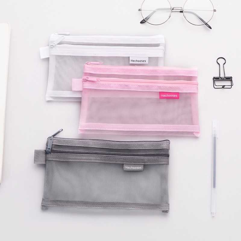 Ellen Túi Lưới Đựng Bút Bằng Nylon 2 Lớp Trong Suốt Sức Chứa Lớn Đơn Giản Cho Học Sinh / Văn Phòng