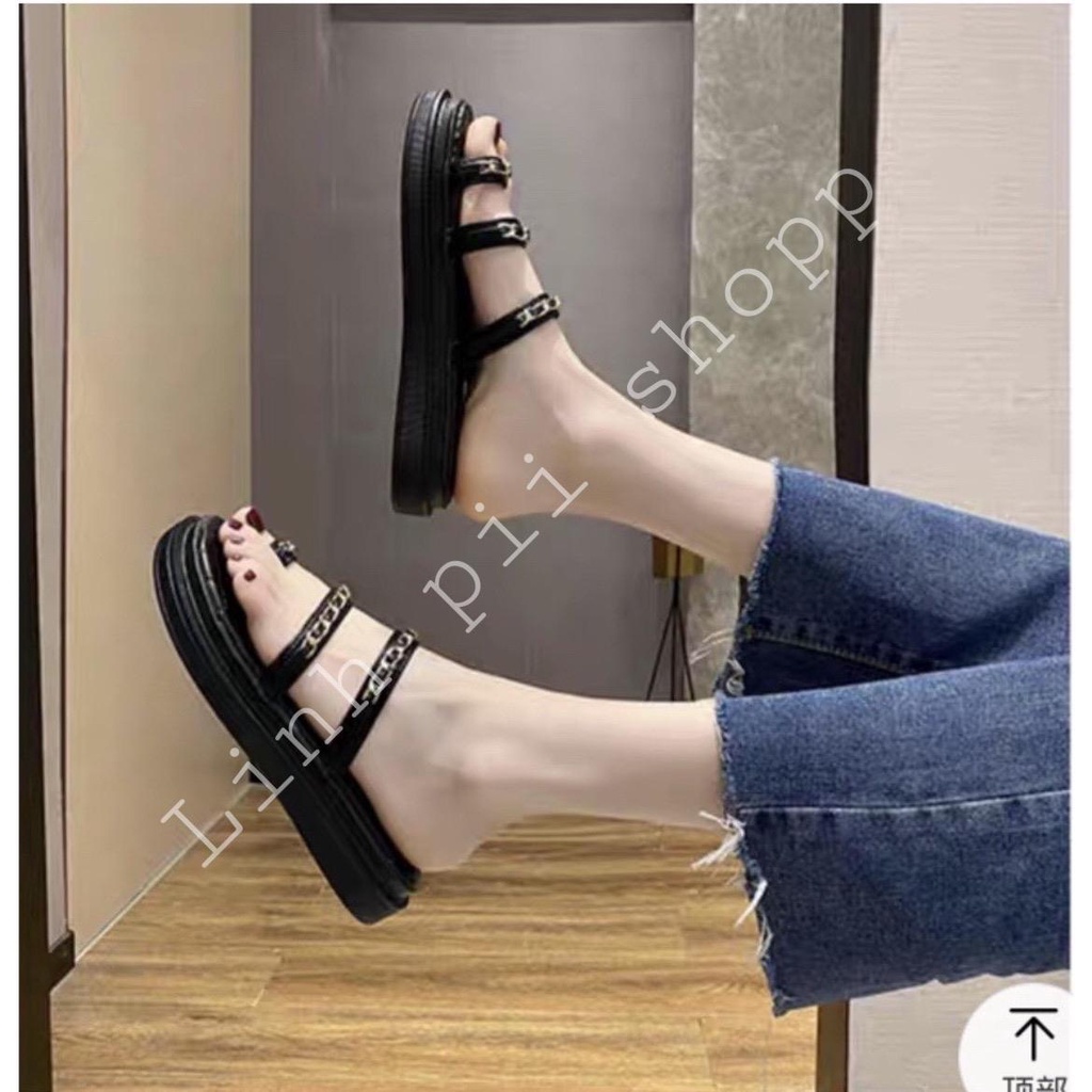 Dép nữ đế bánh mì 3 phân trang trí xích ngang cực xinh chân
