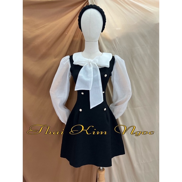 Đầm dự tiệc nơ cổ dài tay xinh xẻo