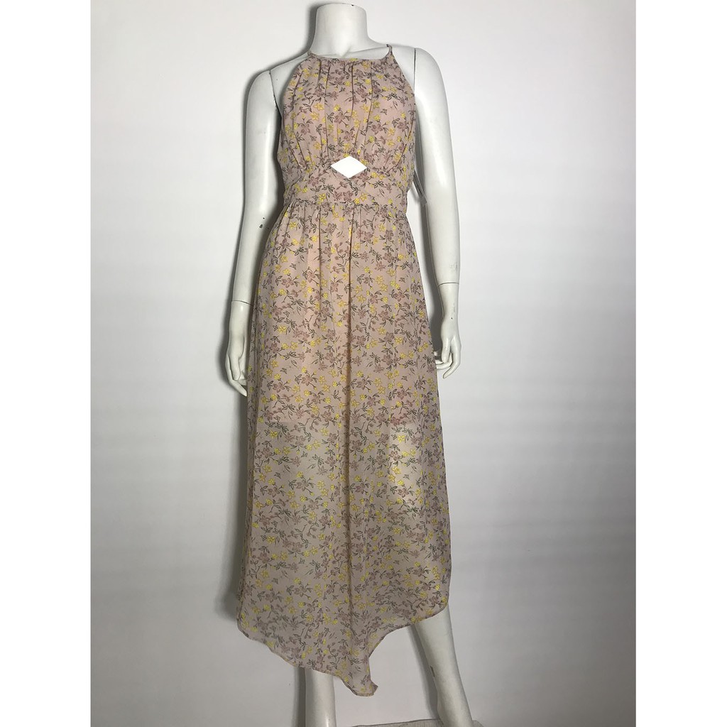 Đầm dài dự tiệc nữ hiệu BCBG vải voan cổ yếm hở lưng in hoa size 4 chính hãng