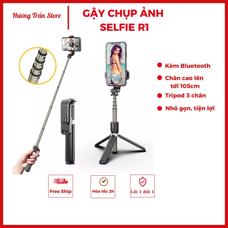 Gậy chụp ảnh selfie R1 kèm điều khiển từ xa remote kết nối Bluetooth, 3 chân đa năng, nhỏ gọn bỏ túi dễ dàng