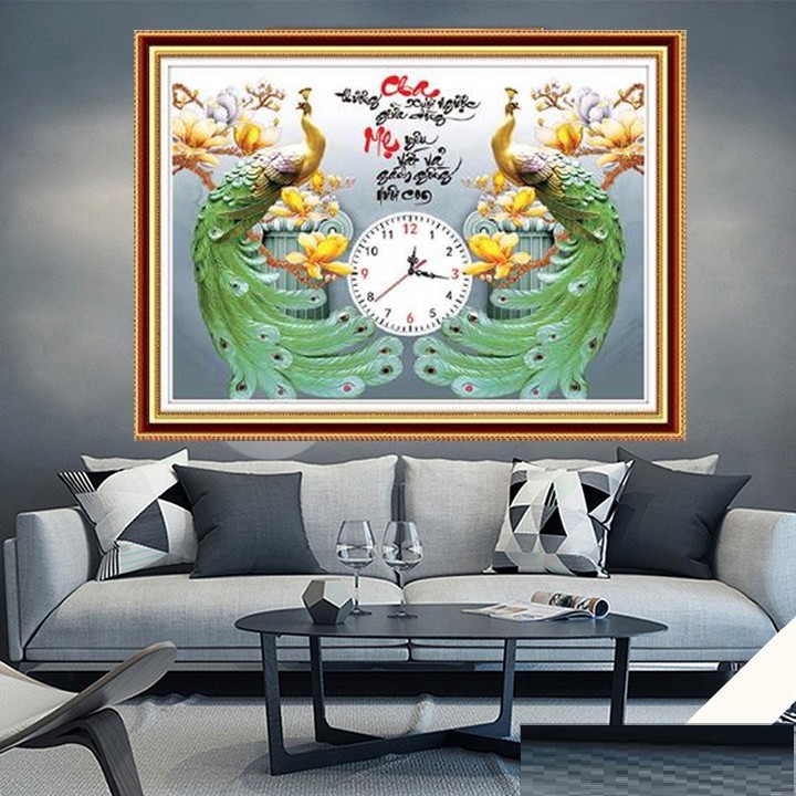 Tranh thêu chữ Thập đồng hồ cha mẹ Kích thước 57x44Cm