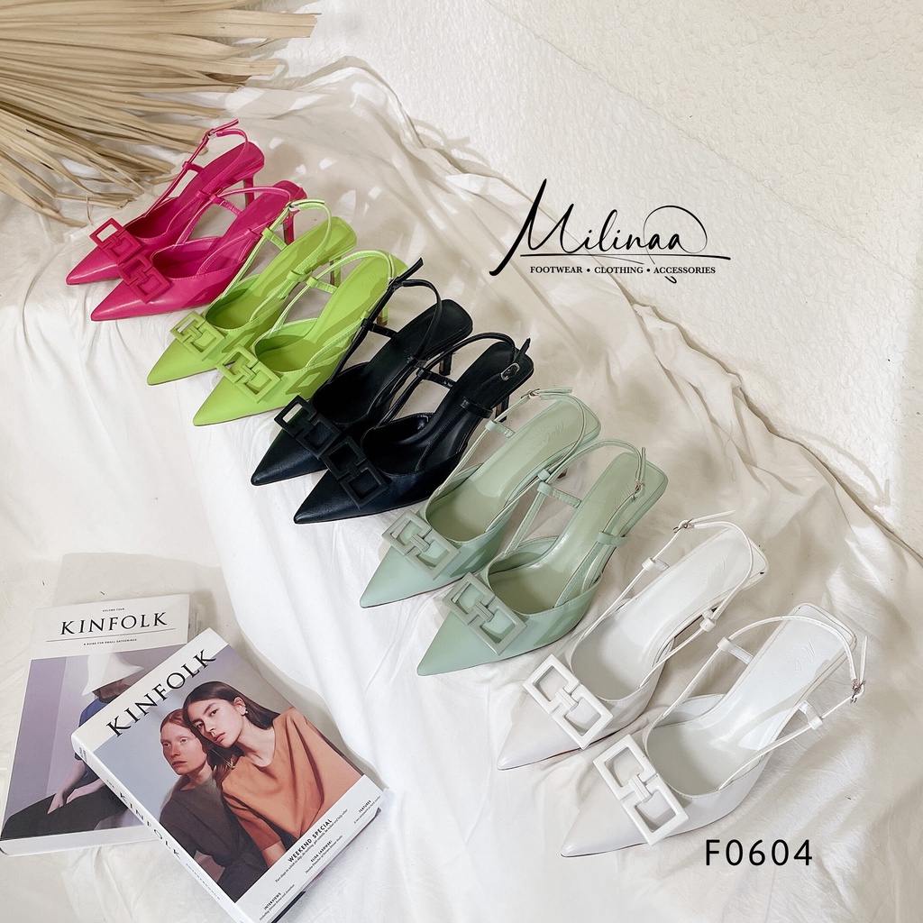 GIÀY CAO GÓT NỮ SLINGBACK GÓT NHỌN 7P BÍT MŨI PHỐI KHÓA 2 Ô VUÔNG DA MỀM F0604
