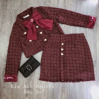 Set dạ tweet đỏ cổ nơ lụa cao cấp