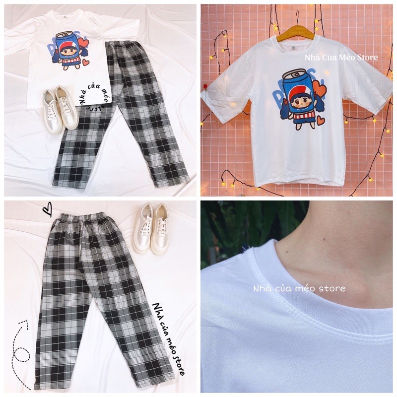 Áo Thun Kèm Quần Caro Ống Rộng Unisex Freesize Phong Cách Trẻ Trung Dạo Phố [NHÀ CỦA MÉO STORE]