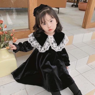 VÁY NHUNG CỔ REN BÉ GÁI