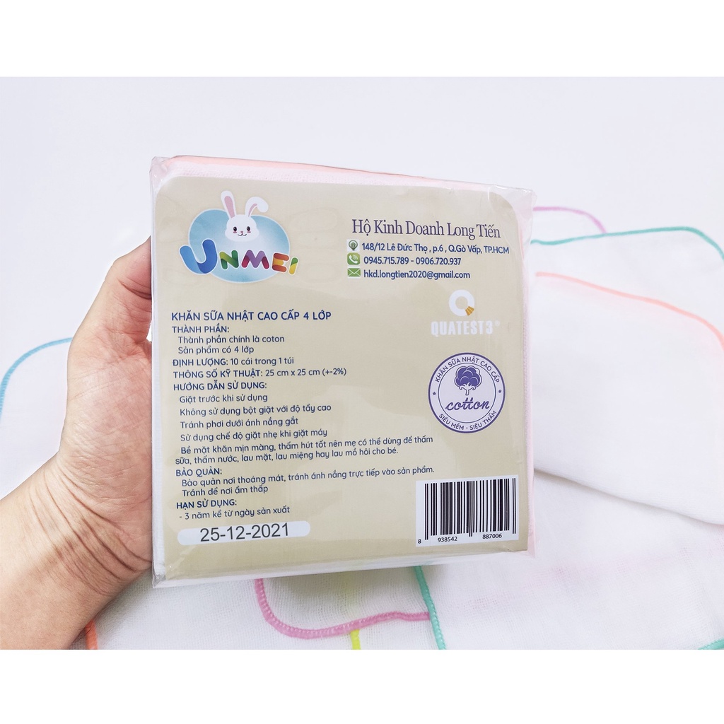 Khăn Sữa Xuất Nhật 4 Lớp , 25x25cm Khăn Sữa Cho Bé, 100% Cotton, Vải Mềm mịn, Thấm Hút Tốt-Thương Hiệu Unmei