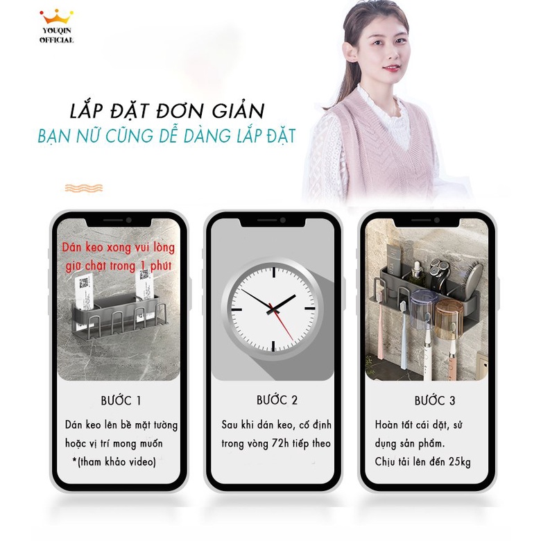 Giá Đỡ Bàn Chải Đánh Răng - YouQin Chất Liệu Hợp Kim Nhôm Chống Gỉ, Chống Ẩm Mốc, Dán Keo Siêu Chắc, Không Khoan Đục