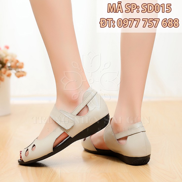 Sandal đế thấp cho mẹ giày đen hở mũi ngoại cỡ trung niên êm chân SD015