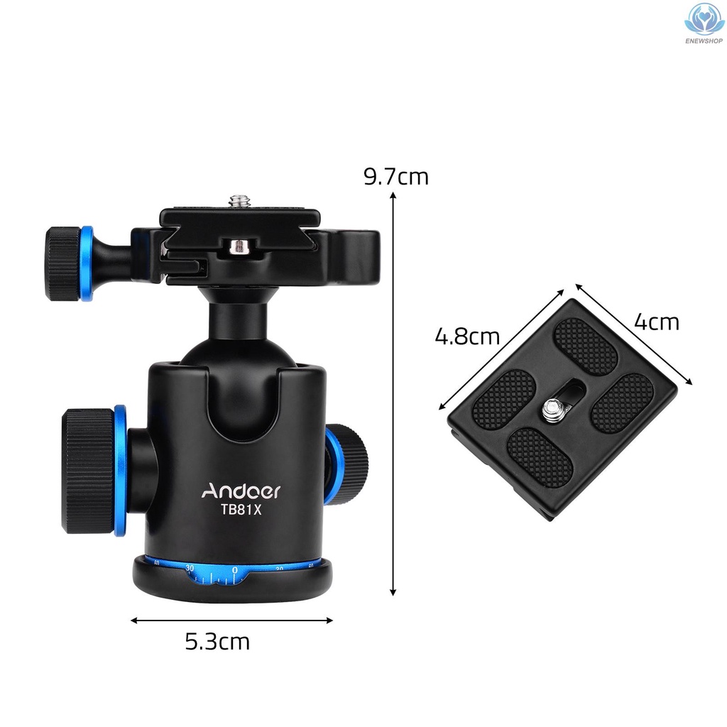 【enew】Andoer Aluminum Camera Panoramic Damper Ball Head Tripod Head 10KG Payload 360° Swivel 90° Flip with Quick Release Plate Scaled Plate Dual Bubble Level Universal 1/4in 3/8in Mounting