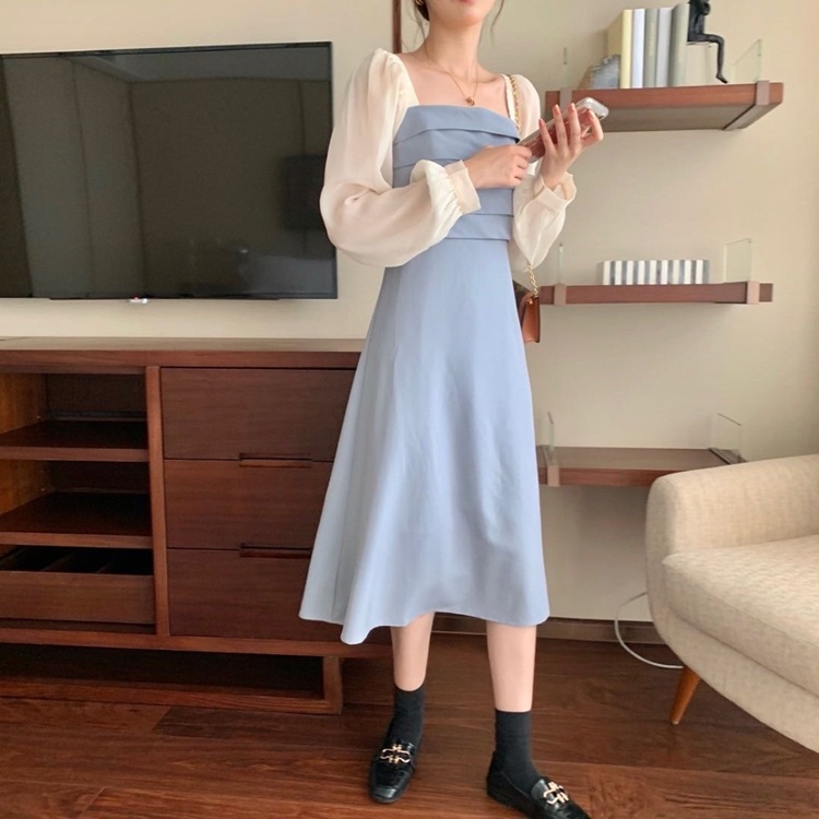 Đầm chiết eo Perty màu xanh lam phong cách Hàn Quốc thời trang mùa hè cho nữ
