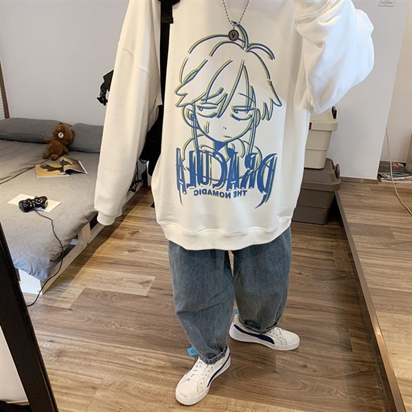 Áo Sweater Cổ Tròn Lót Nhung Dáng Rộng In Họa Tiết Hoạt Hình Thời Trang Cho Nam Size M-5XL