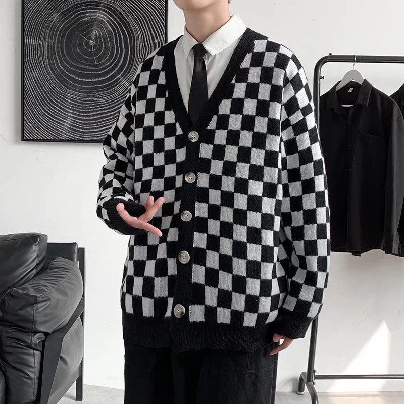 Áo khoác cardigan dệt kim mỏng in hoạ tiết caro phong cách mùa xuân học đường cho nam và nữ
