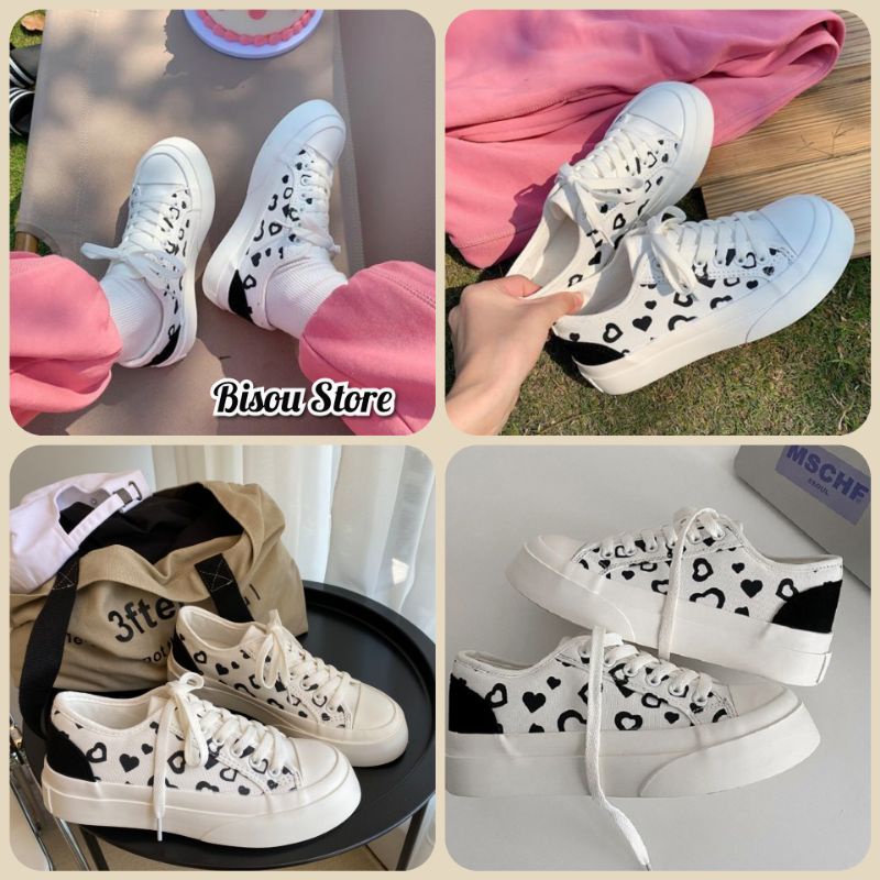 (ORDER) Giày nữ ulzzang học sinh nền trắng hoạt tiết black heart xinh xắn phong cách Hàn Quốc