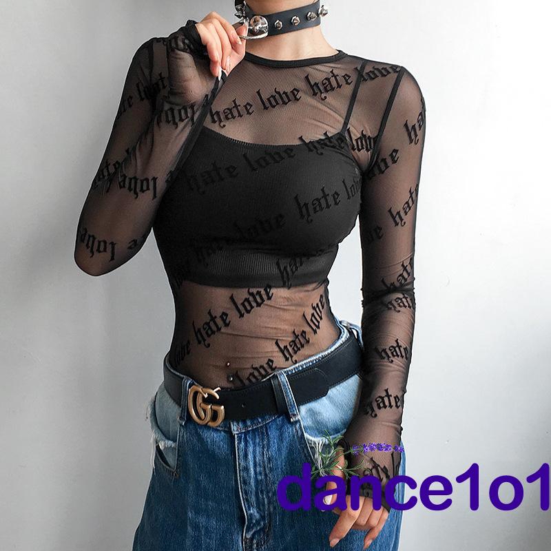 Áo thun tay dài vải ren xuyên thấu thời trang cho nữ