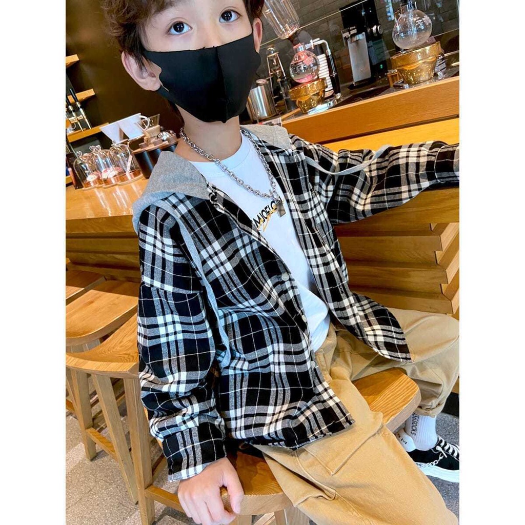 Áo Sơ Mi 100% Cotton Có Mũ Trùm Dài Tay Thời Trang Dành Cho Bé Trai