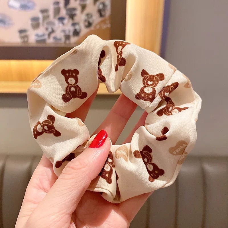 Cột tóc vải scrunchies gấu hoa màu trà sữa mẫu mới hot trend Hàn Quốc Tatitava