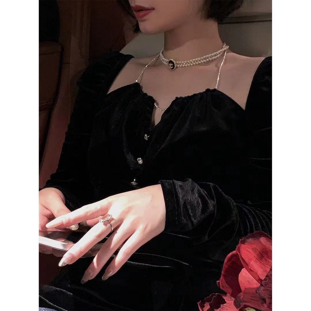 Đầm nhung đen tay phồng phong cách Pháp thời trang mùa thu dành cho nữ