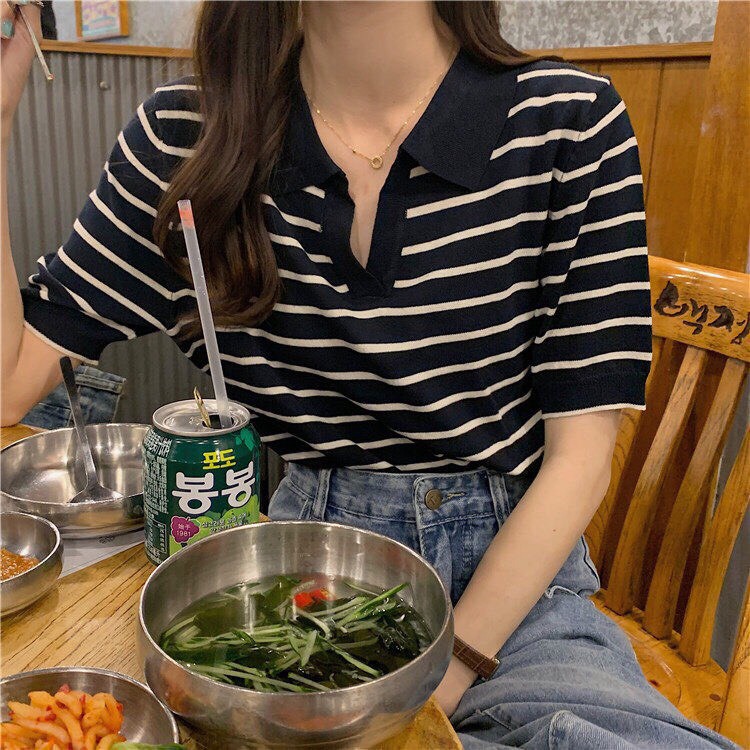 Áo len nữ ngắn tay cổ bẻ kẻ sọc ngang Thu ĐÔNG phong cách Hàn Quốc xinh xắn hàng Quảng Châu Loại 1 2021 K4-D7 | BigBuy360 - bigbuy360.vn