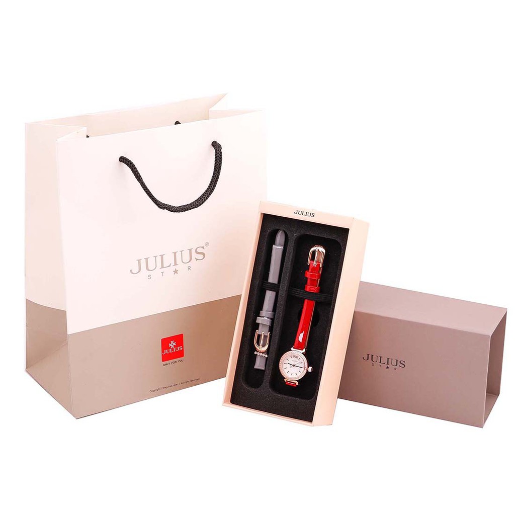 Đồng hồ nữ Julius Star Hàn Quốc JS-012A dây da đỏ kèm dây xám