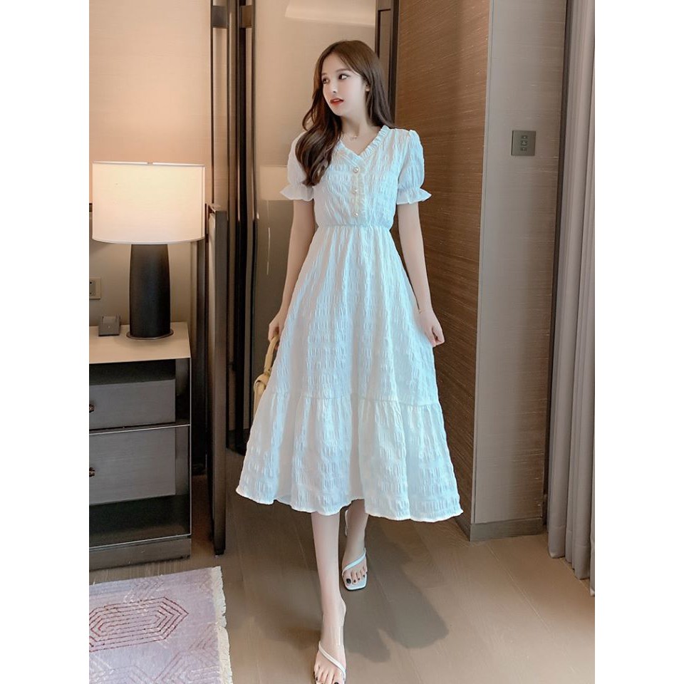 [VD063] Váy midi trắng cổ chữ V (có ảnh thật)