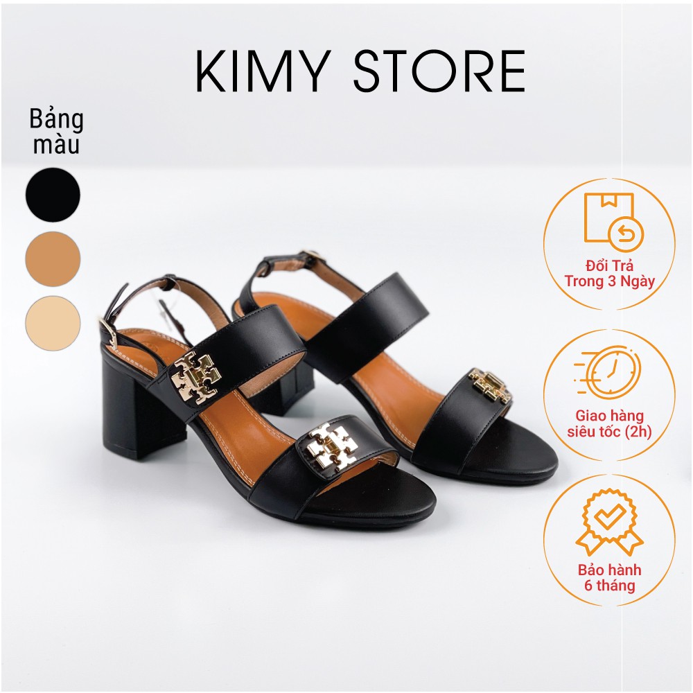Giày sandal nữ quai ngang da thật, dép xăng đan gót cao 5cm phối quai cài cho nữ - Hàng VNXK