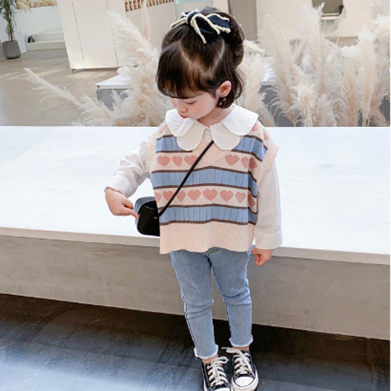 Áo khoác len không tay cổ chữ V họa tiết xinh xắn cho bé gái