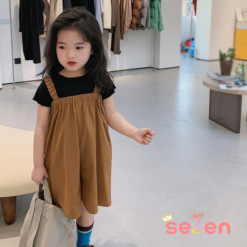Se7en Set Áo Cổ Tròn Ngắn Tay + Quần Yếm Phong Cách Hàn Quốc Cho Bé Gái