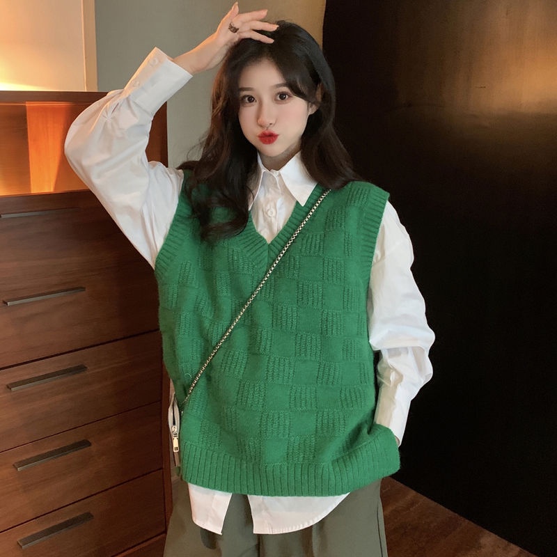Set Áo Sơ Mi Dài Tay Form Rộng Và Áo Khoác Ghi Lê Họa Tiết Ca Rô Thời Trang Dành Cho Nữ###