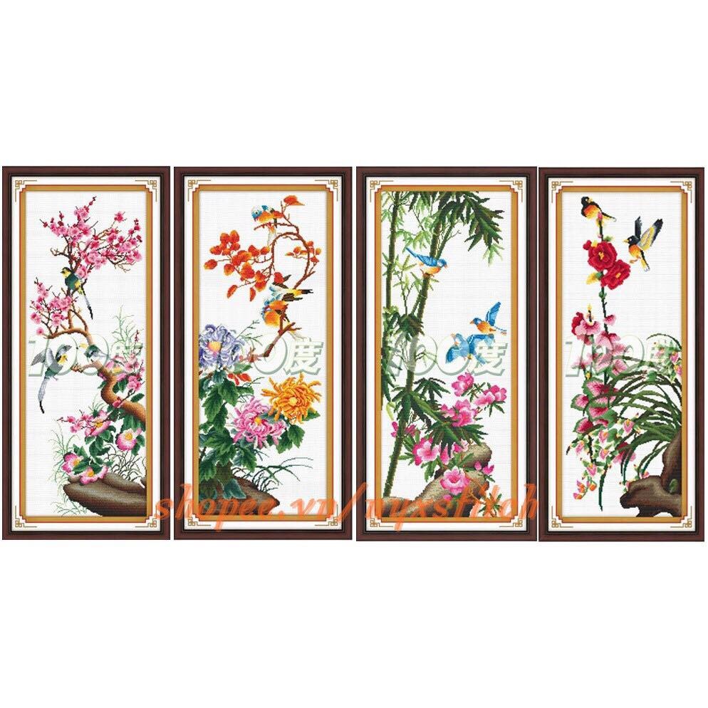 Tranh Thêu Chữ Thập Tứ Quý Đào Cúc Trúc Lan -Trọn Bộ 4 Bức kt 37x87x4cm