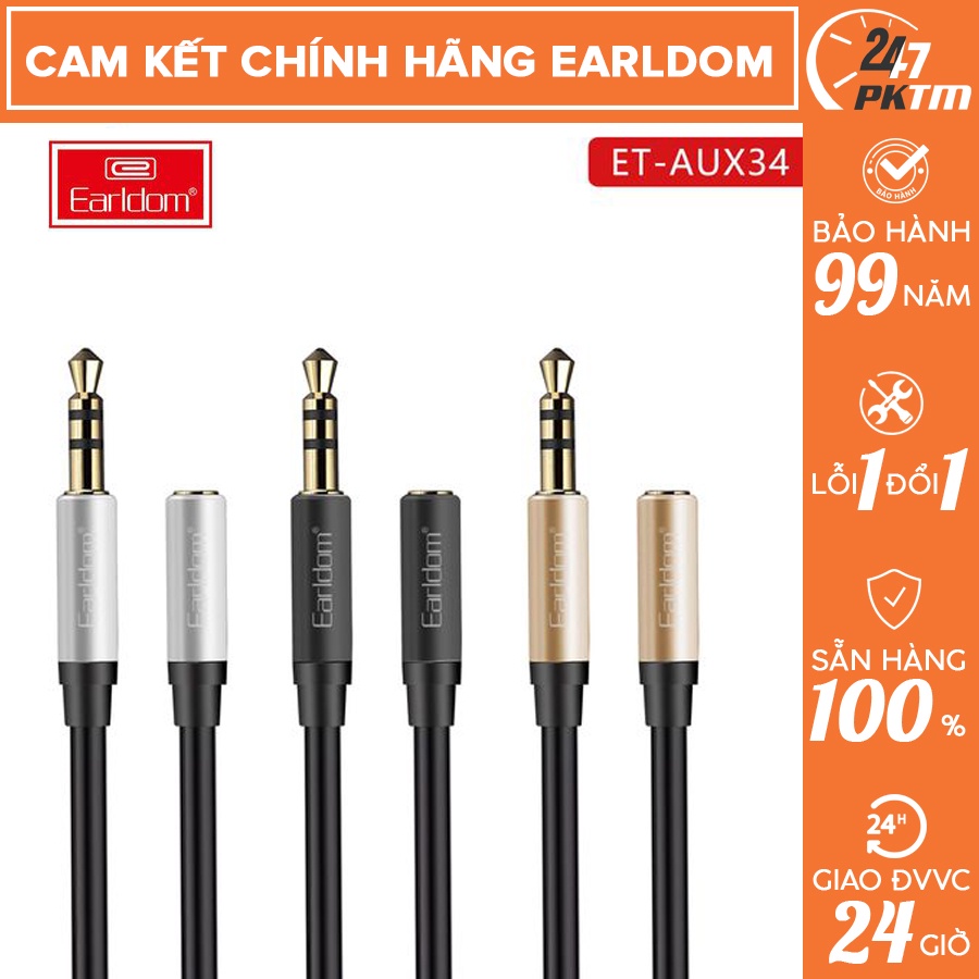 🛑Chính Hãng Earldom🛑 (Dây Nối Dài 1m 3.5mm) Jack Chuyển Từ 3.5mm Ra đầu AUX Earldom AUX-34 | Phụ Kiện Thông Minh 247 VN