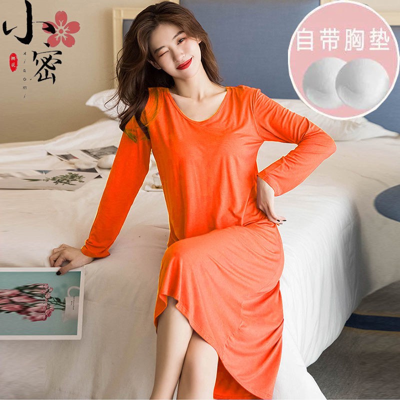 Đầm Ngủ Tay Dài Dáng Rộng Có Đệm Ngực Màu Trơn Cỡ Lớn Thời Trang Cho Nữ