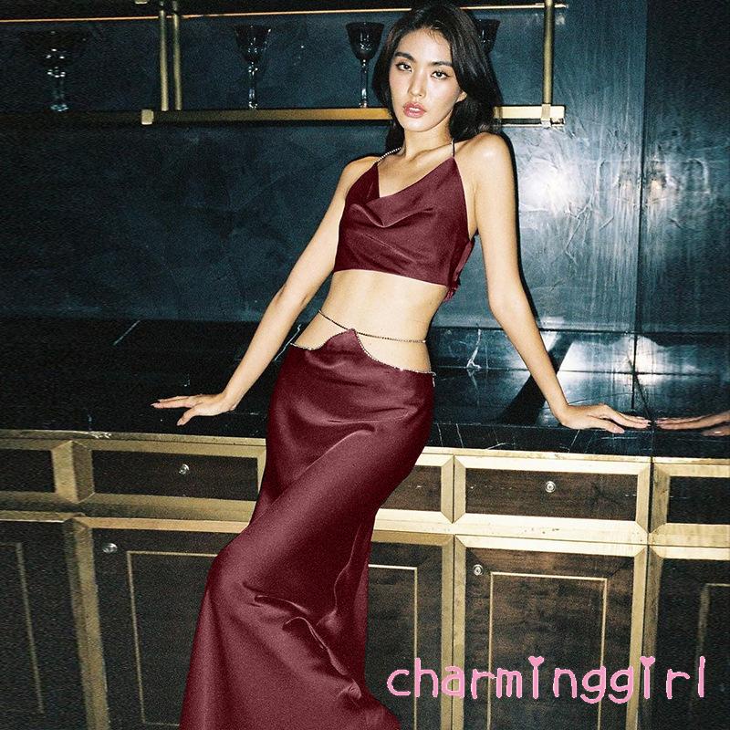 Chm- Set Áo Sát Nách Đính Đá + Chân Váy Dài Eo Cao Lấp Lánh Cho Nữ