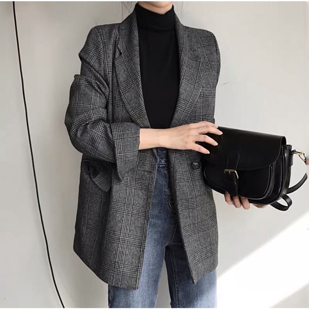 [Ảnh thật] Áo blazer kẻ caro 2 lớp túi nắp dáng rộng xắn tay ulzzang - Áo khoác vest kẻ caro