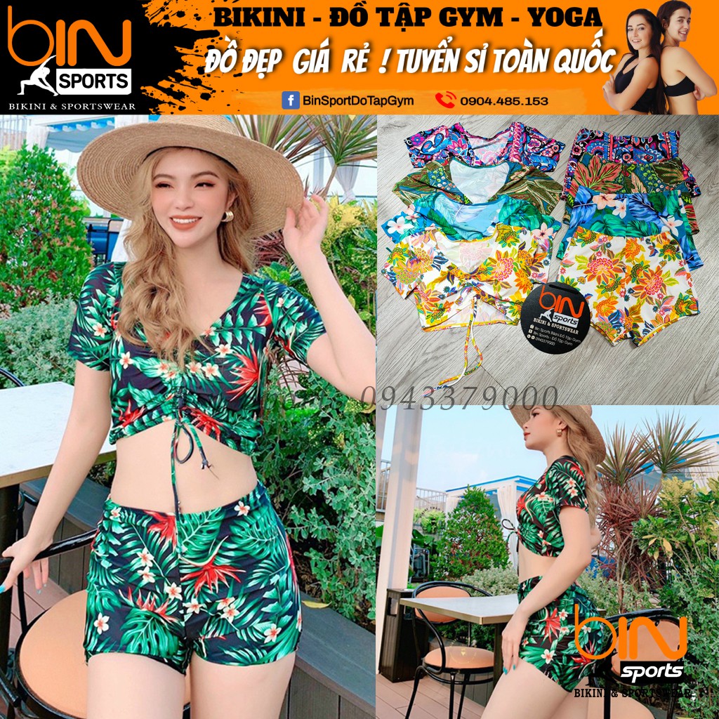 Bộ Bikini Nữ 2 Mảnh Quần Đùi Cạp Cao Aó Crop Dây Rút Bin Sports BHV139