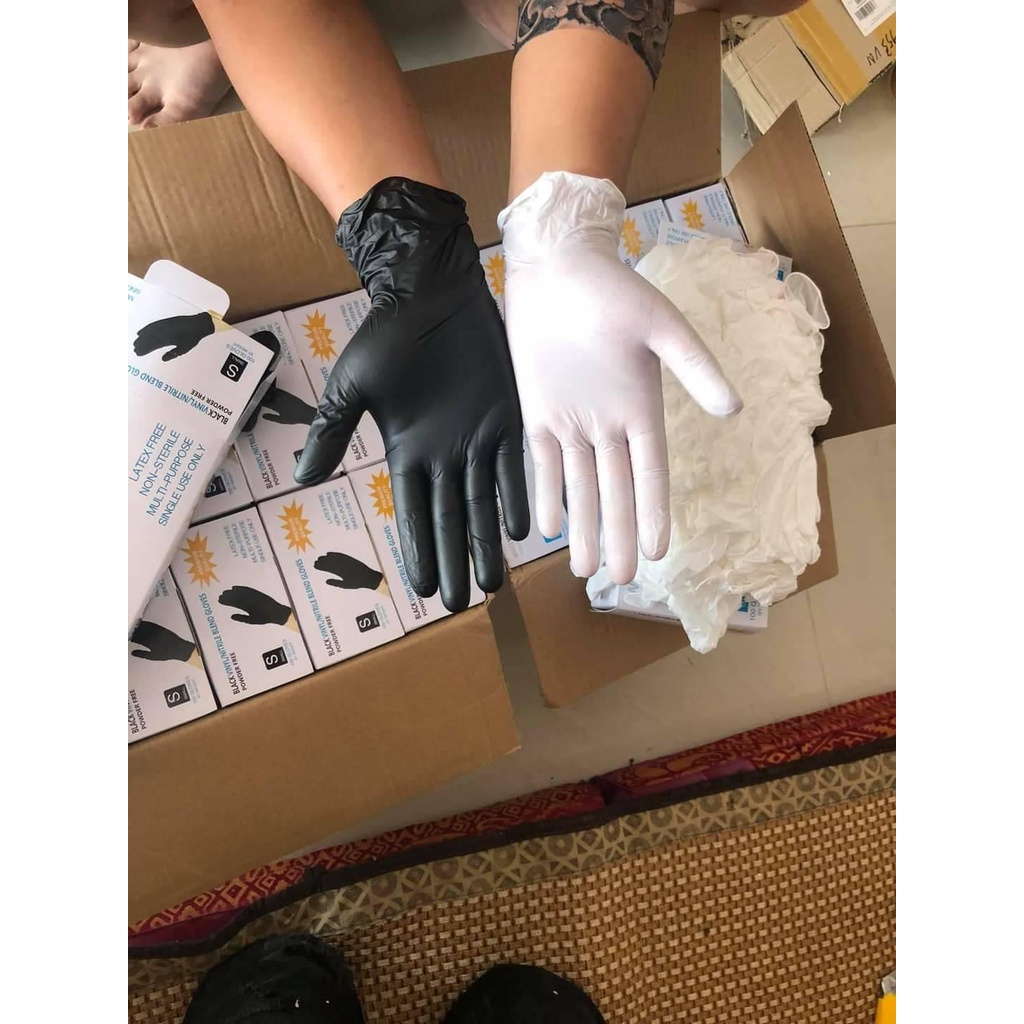 Găng Tay Vinyl Blend Gloves Không Bột Màu Đen/Trắng/Xanh, Hộp 100 Chiếc=50 Đôi Dùng Chế Biến,Thẩm Mỹ, SPA Phun Xăm