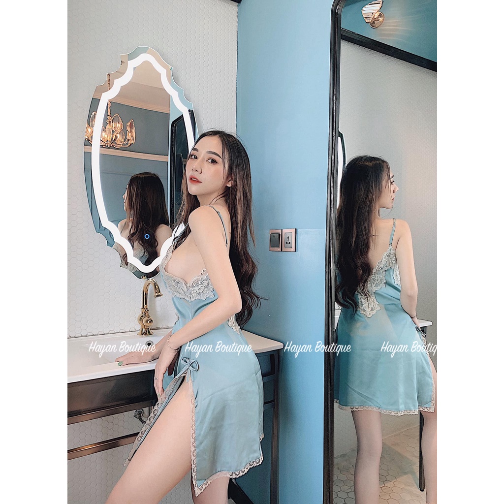HT64 Váy ngủ sexy viền hoa ren xẻ ngực tặng CHÍP, váy ngủ lụa mặc nhà xẻ hông gợi cảm HT64