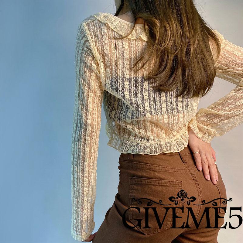 Áo cardigan croptop tay dài cổ chữ V phối diềm xếp nếp vải mỏng xuyên thấu phối ren hoa cột dây dành cho bạn nữ