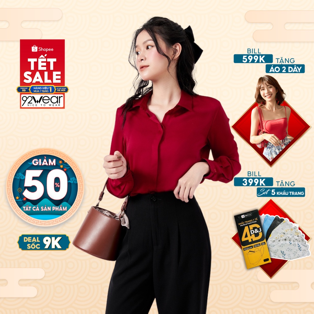 Áo sơ mi nữ dài tay cổ đức 92WEAR kiểu dáng Hàn Quốc, phong cách công sở trẻ trung thanh lịch ASW1132