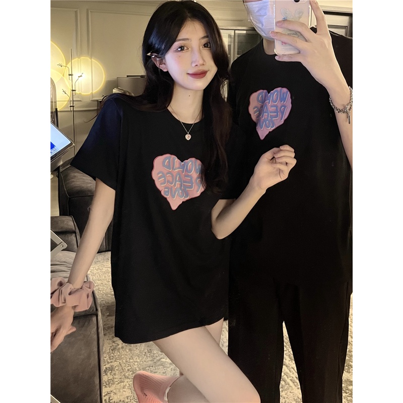 Áo Thun Đen Tay Ngắn Dáng Rộng In Họa Tiết Trái Tim Phong Cách Hàn Quốc Thời Trang Cho Nữ