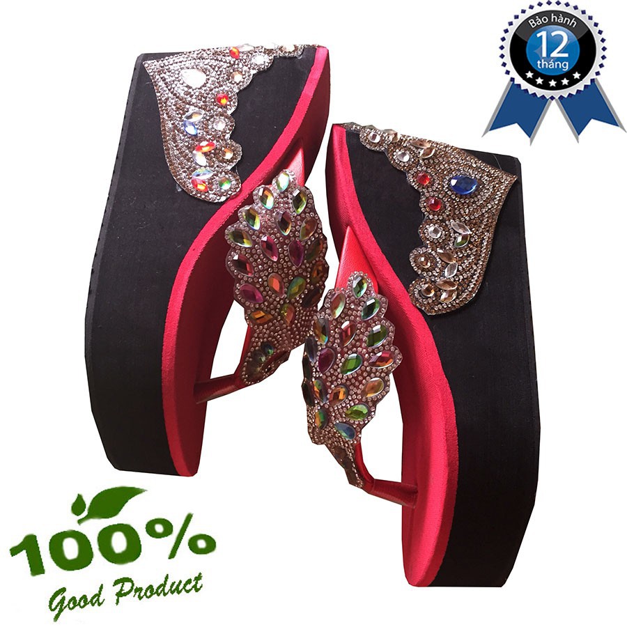 Dép kẹp chim công dán gót vươn miện màu đỏ cao 10cm