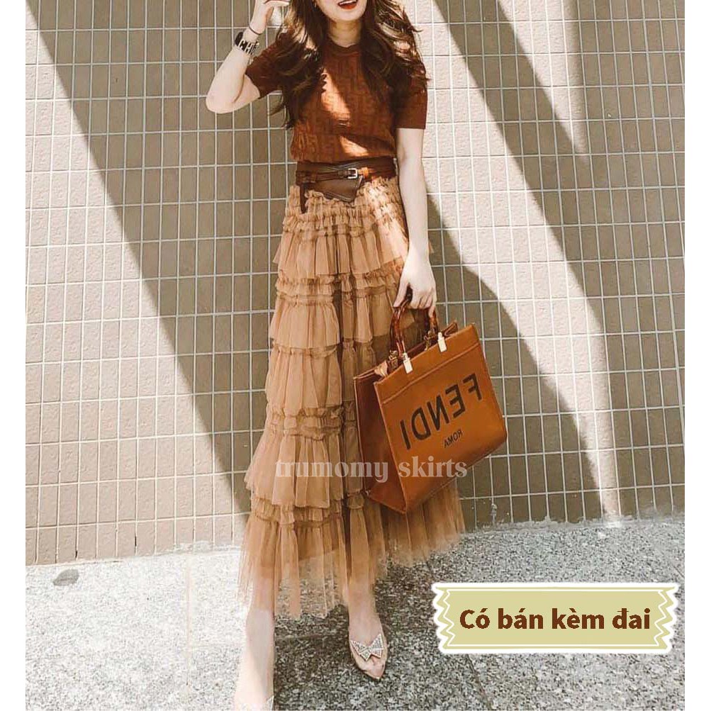 Chân váy dài nhiều tầng xòe A sang trọng vải ren đanh - TRUMOMY