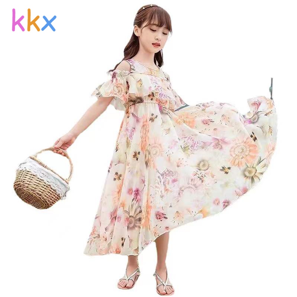Kkx Đầm Công Chúa Hai Dây Đi Biển Vải Voan In Hoa Lớn Phong Cách Hàn Quốc Dành Cho Bé Gái 3-13 Tuổi