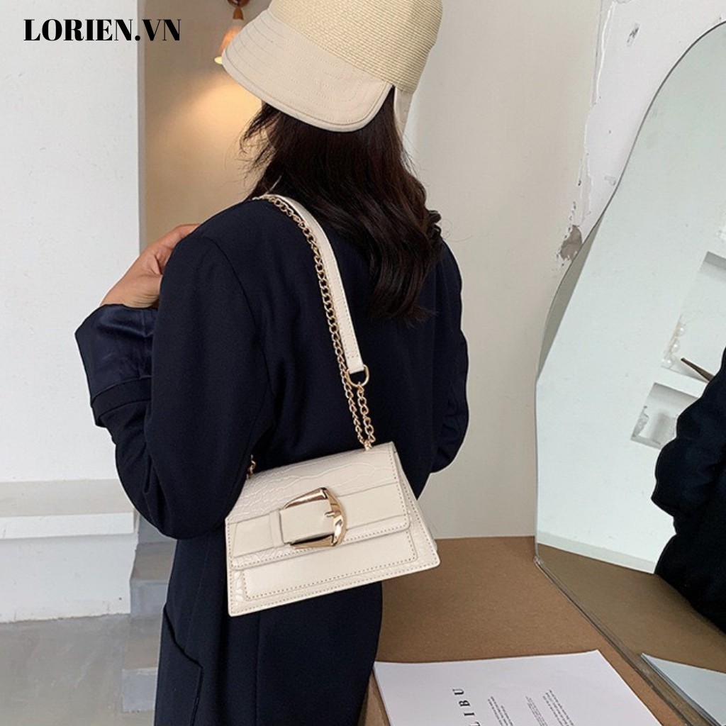 Túi xách nữ thời trang LORIEN - Túi đeo chéo khoá cài ngang size 22 vân da cao cấp style Hàn quốc cực hot | BigBuy360 - bigbuy360.vn