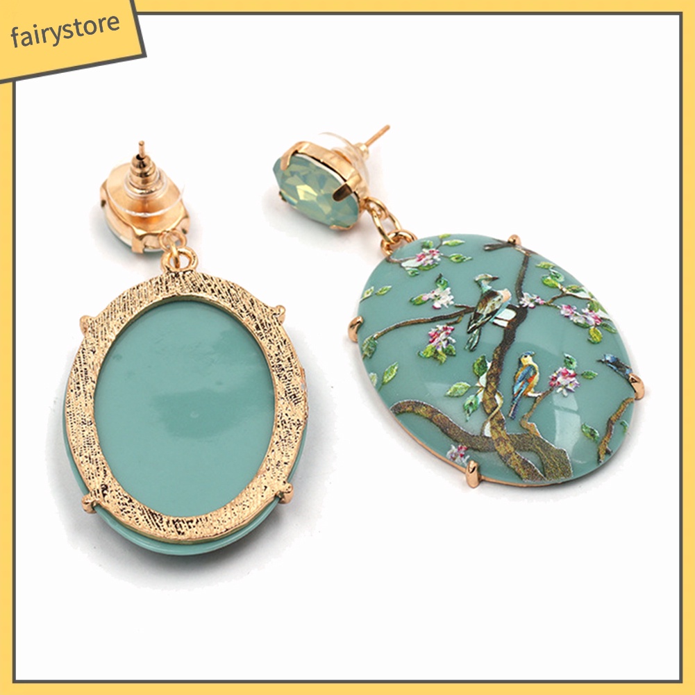 Cặp Hoa Tai Hợp Kim Đính Đá Hình Oval Xinh Xắn