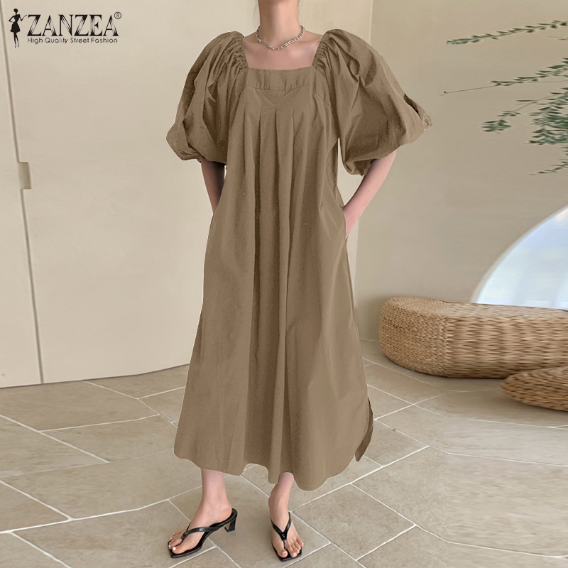 ZANZEA Đầm tay ngắn cổ vuông xếp ly thời trang cho nữ | BigBuy360 - bigbuy360.vn